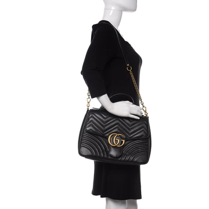 Gucci Calfskin Matelasse Medium GG Marmont Top Handle Shoulder Bag Black 2 of 11