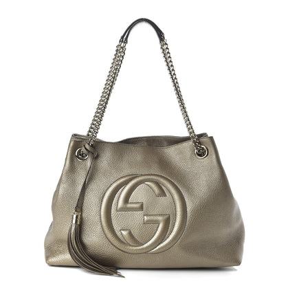 Gucci Metallic Pebbled Calfskin Medium Soho Chain Shoulder Bag Golden Beige 1 of 10
