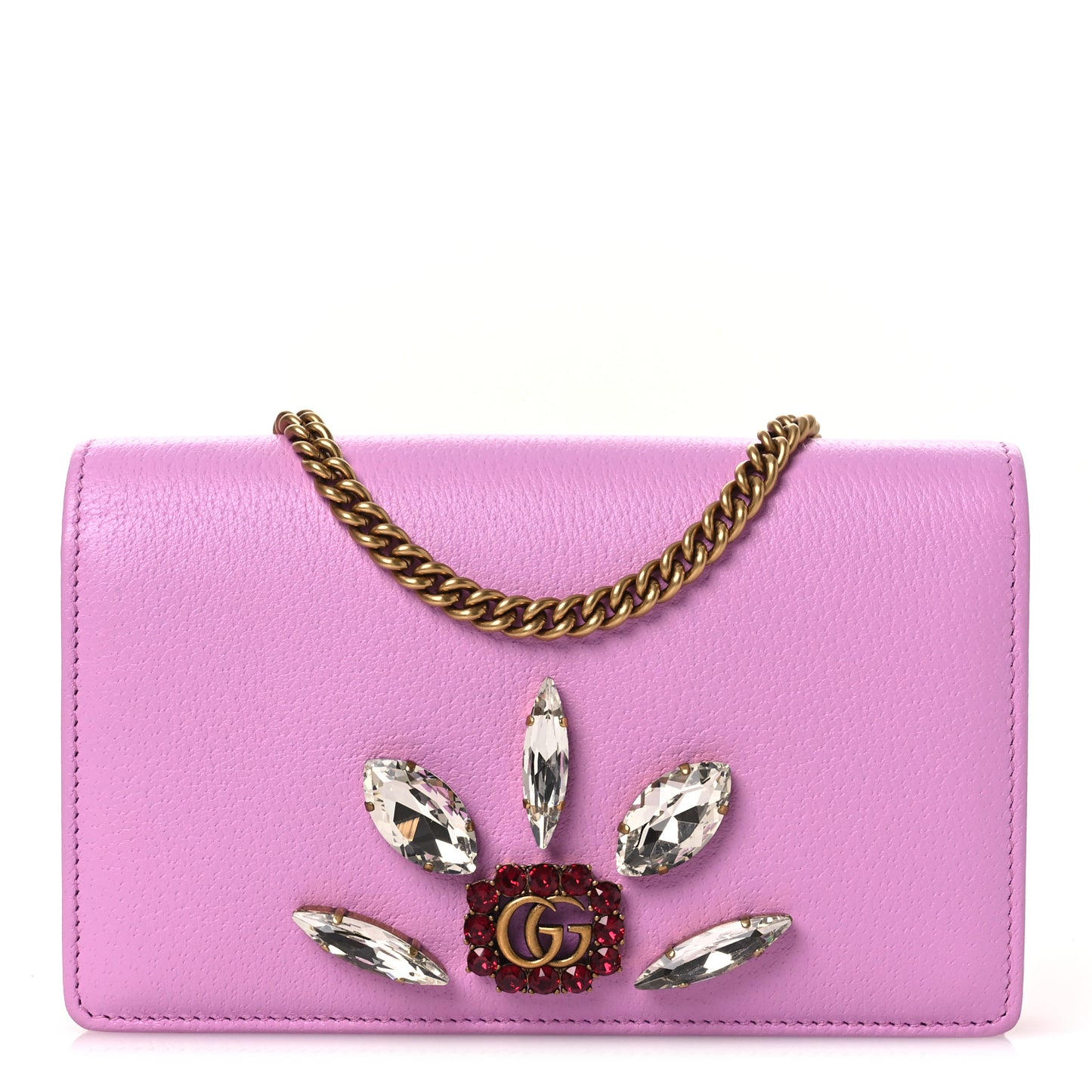 Calfskin Marquise Crystals Mini GG Chain Wallet Malva