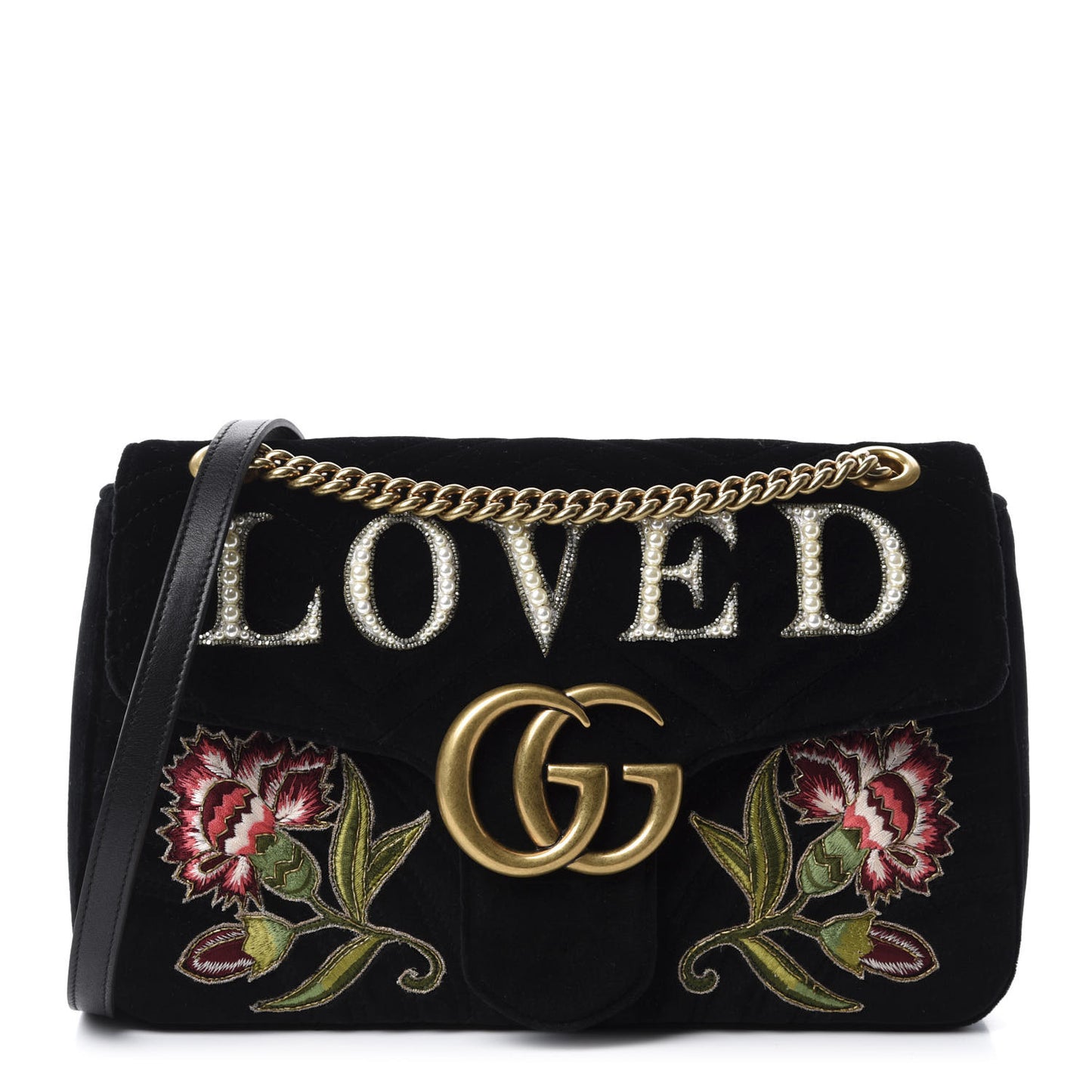 Velvet Matelasse Loved Embroidered Medium GG Marmont Shoulder Bag Black