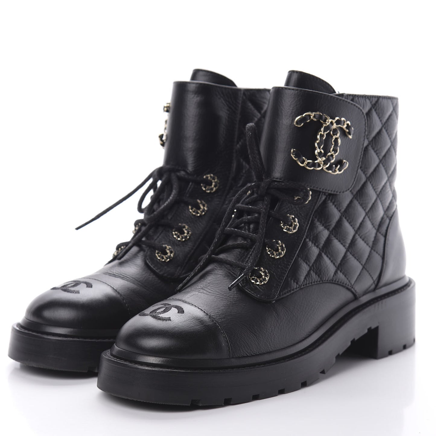 Shiny Goatskin Calfskin Quilted Lace Up Combat Boots 39 Black