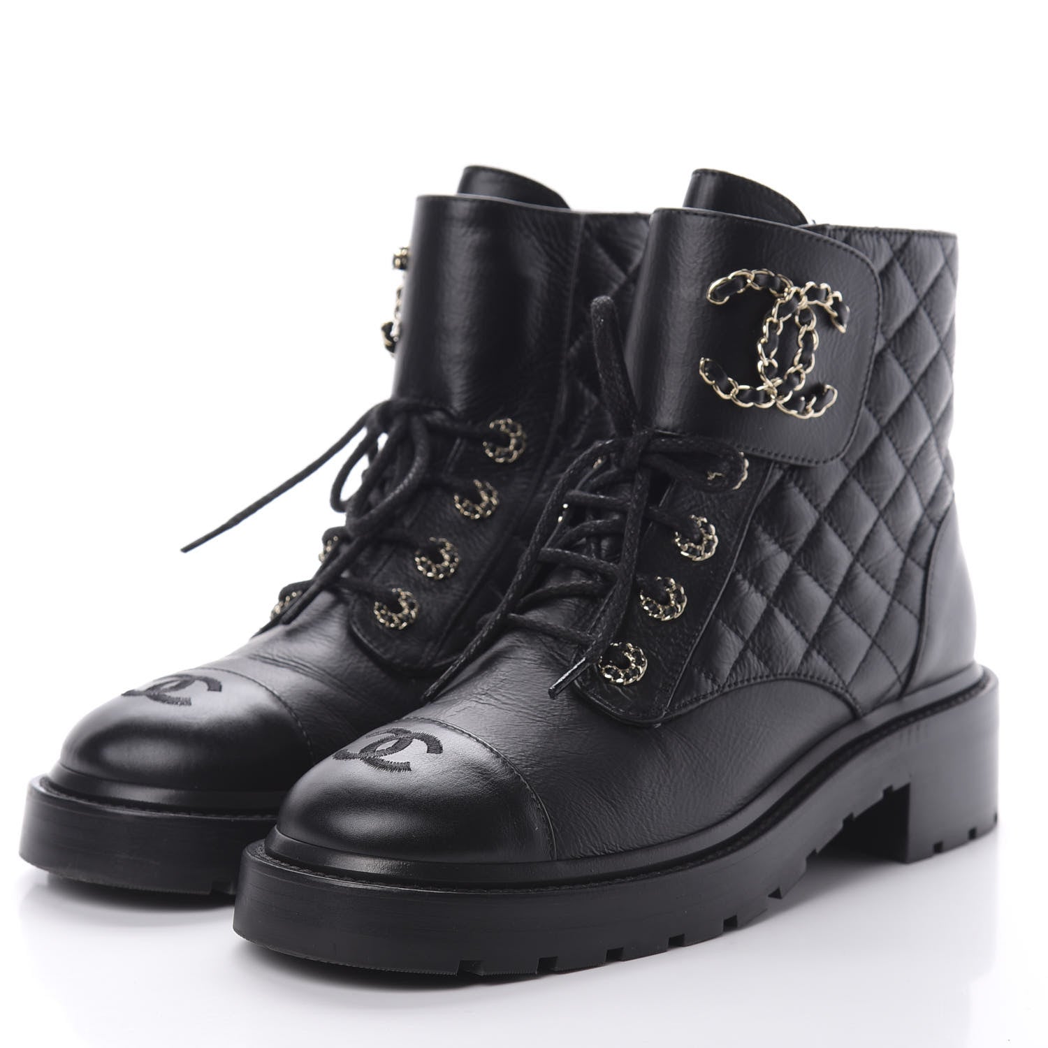 Chanel Shiny Goatskin Calfskin Quilted Lace Up Combat Boots 39 Black 3 of 8