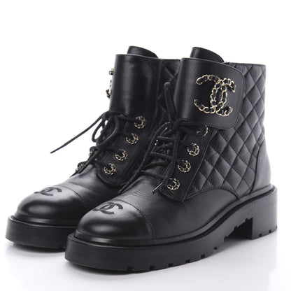 Chanel Shiny Goatskin Calfskin Quilted Lace Up Combat Boots 39 Black 3 of 8