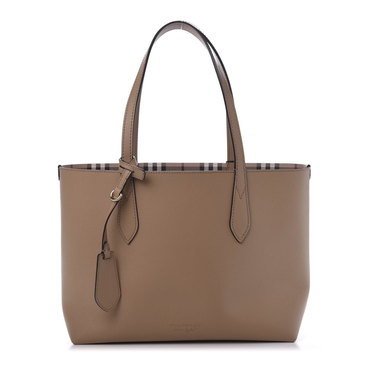Burberry Grainy Calfskin Haymarket Check Small Reversible Tote Mid Camel 1 of 17