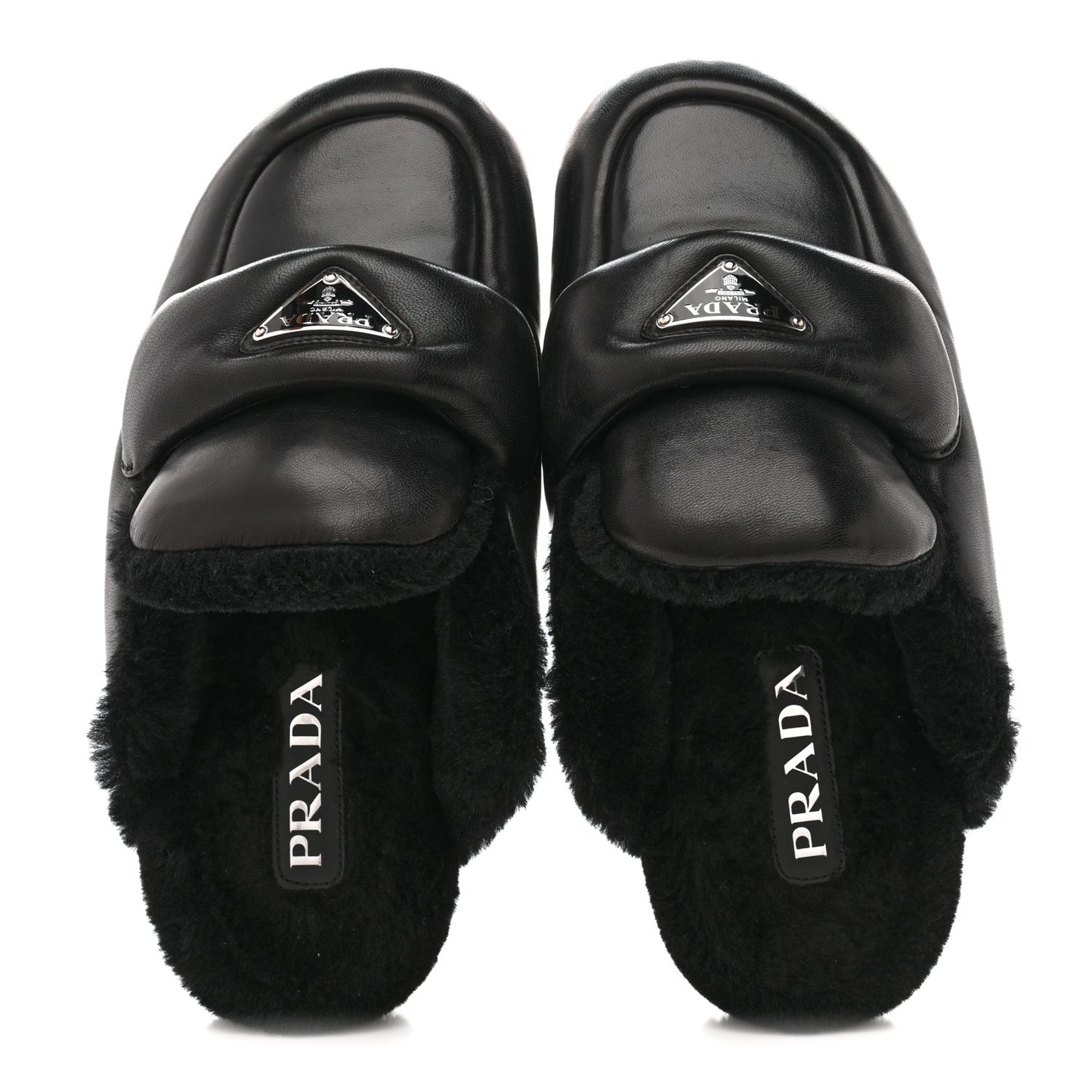 Nappa Shearling Soft Padded Metal Triangle Logo Lug Sole 20mm Mules 38 Black