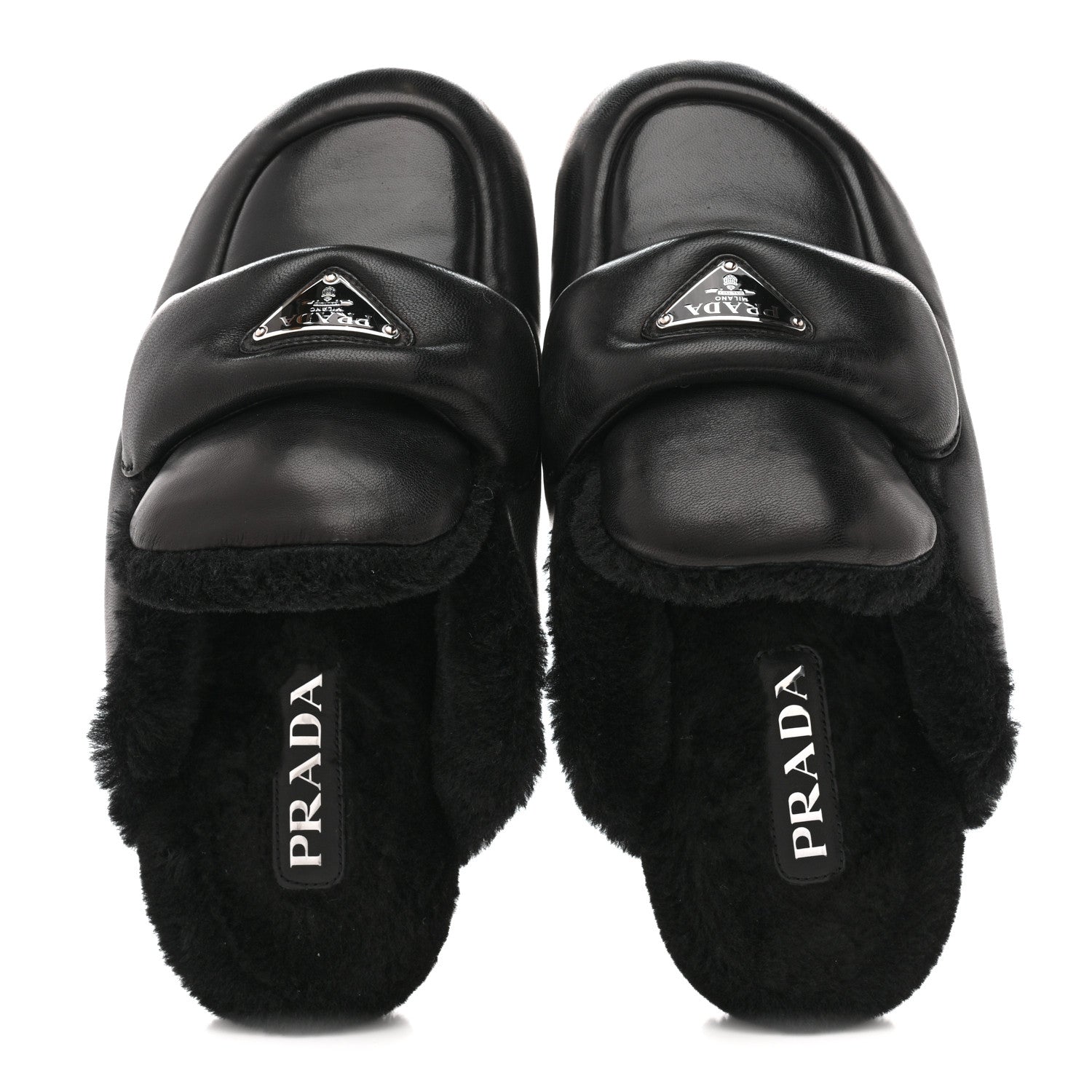 Prada Nappa Shearling Soft Padded Metal Triangle Logo Lug Sole 20mm Mules 38 Black 2 of 9
