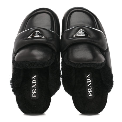 Prada Nappa Shearling Soft Padded Metal Triangle Logo Lug Sole 20mm Mules 38 Black 2 of 9