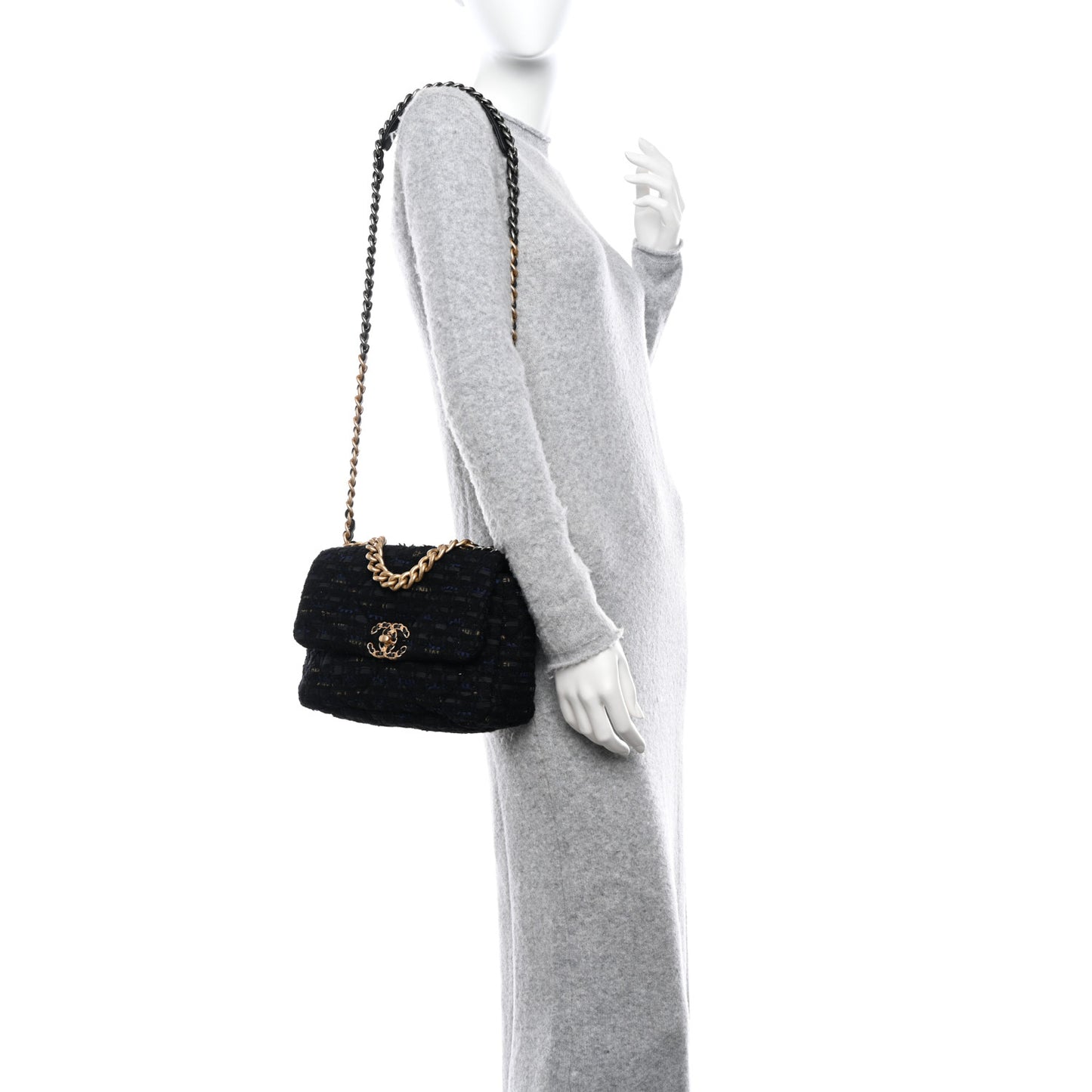 Tweed Quilted Medium Chanel 19 Flap Black Navy Gold