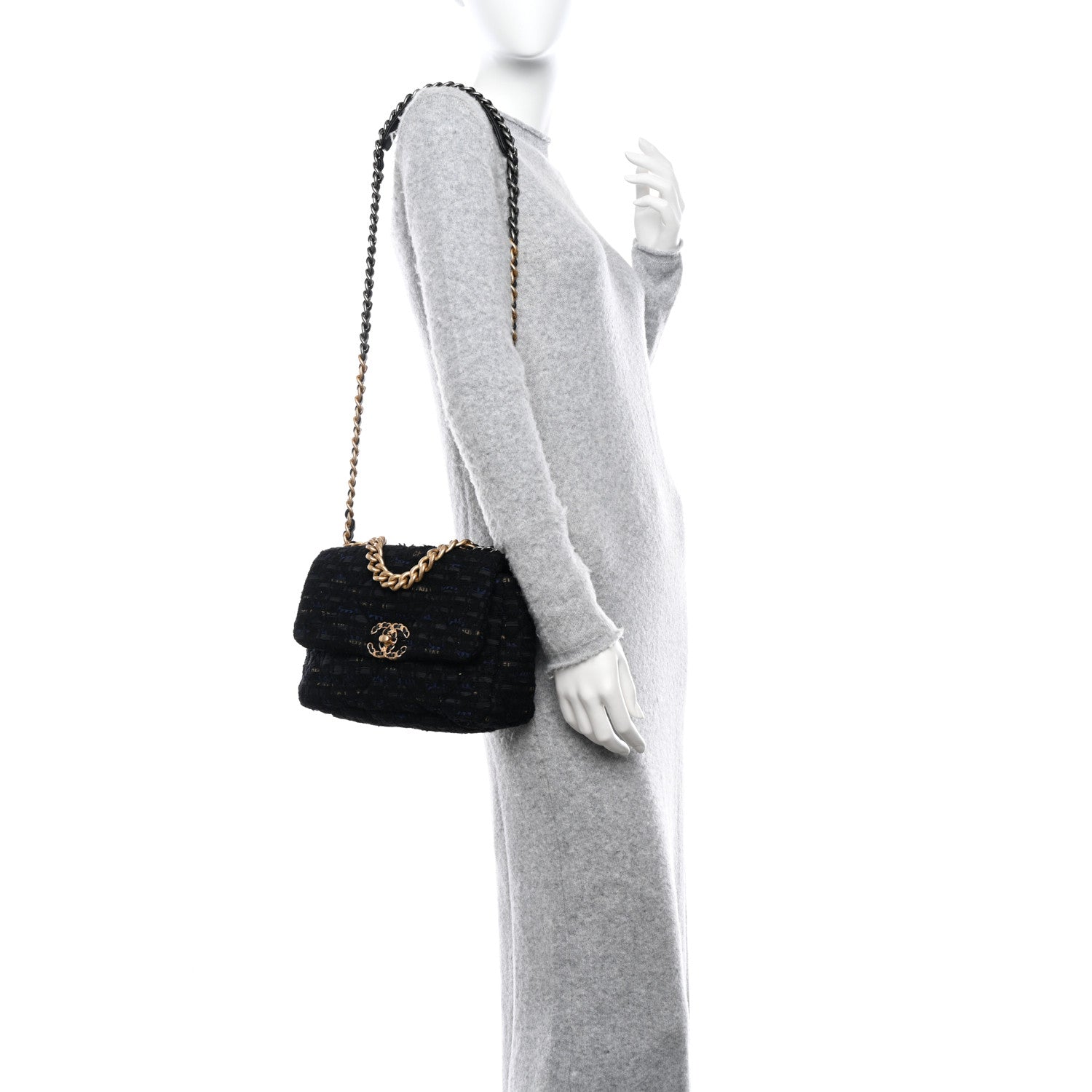 Chanel Tweed Quilted Medium Chanel 19 Flap Black Navy Gold 2 of 10