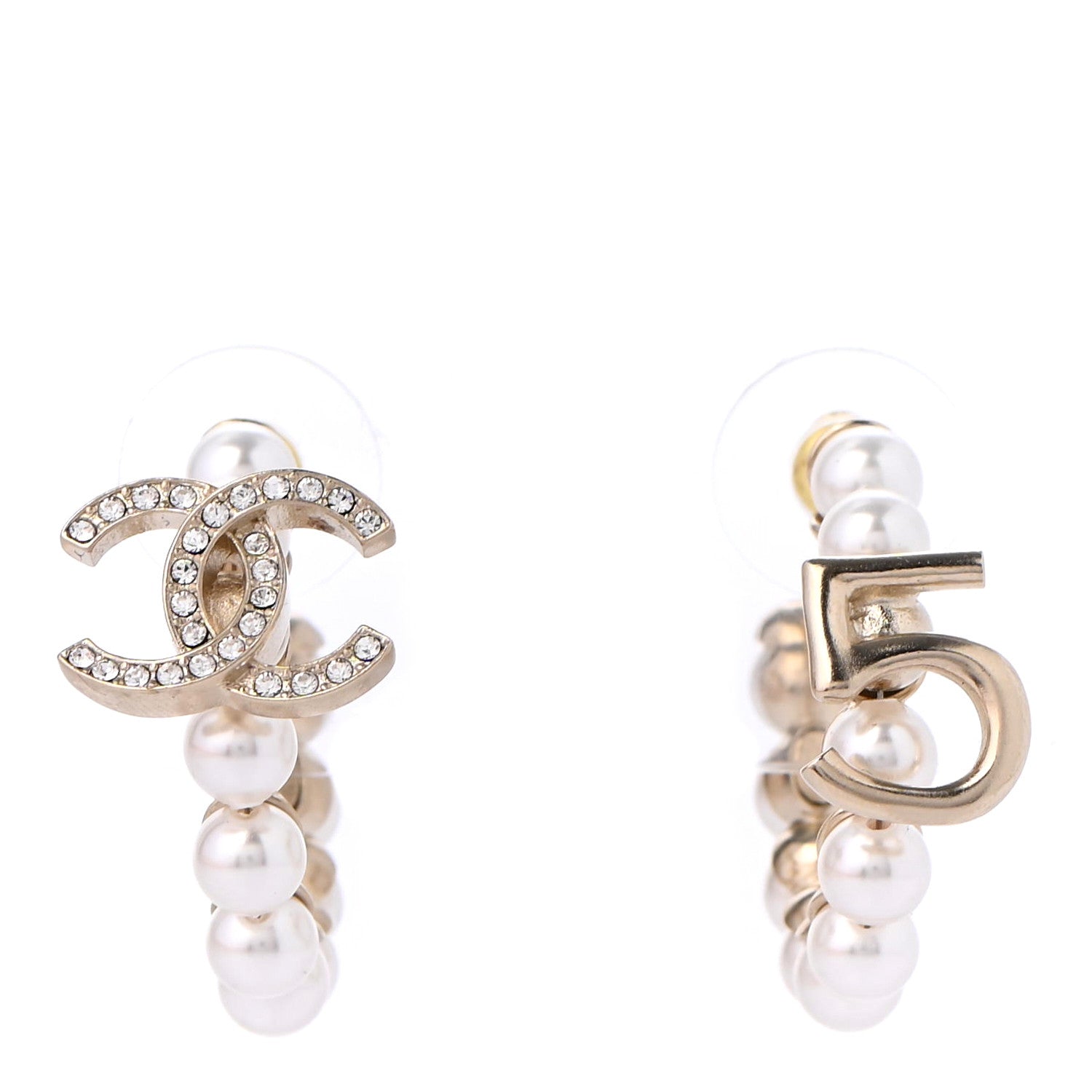 Chanel Crystal Pearl CC No 5 Hoop Drop Earring Gold 1 of 4
