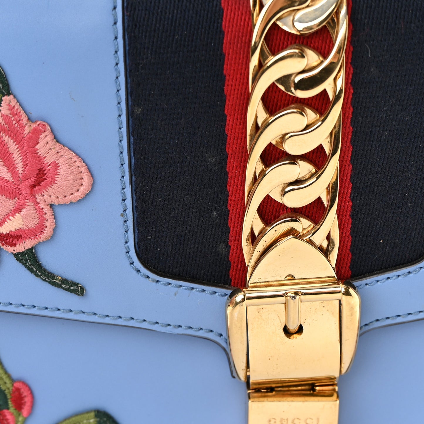 Calfskin Embroidered Medium Sylvie Top Handle Bag Clear Sky Blue