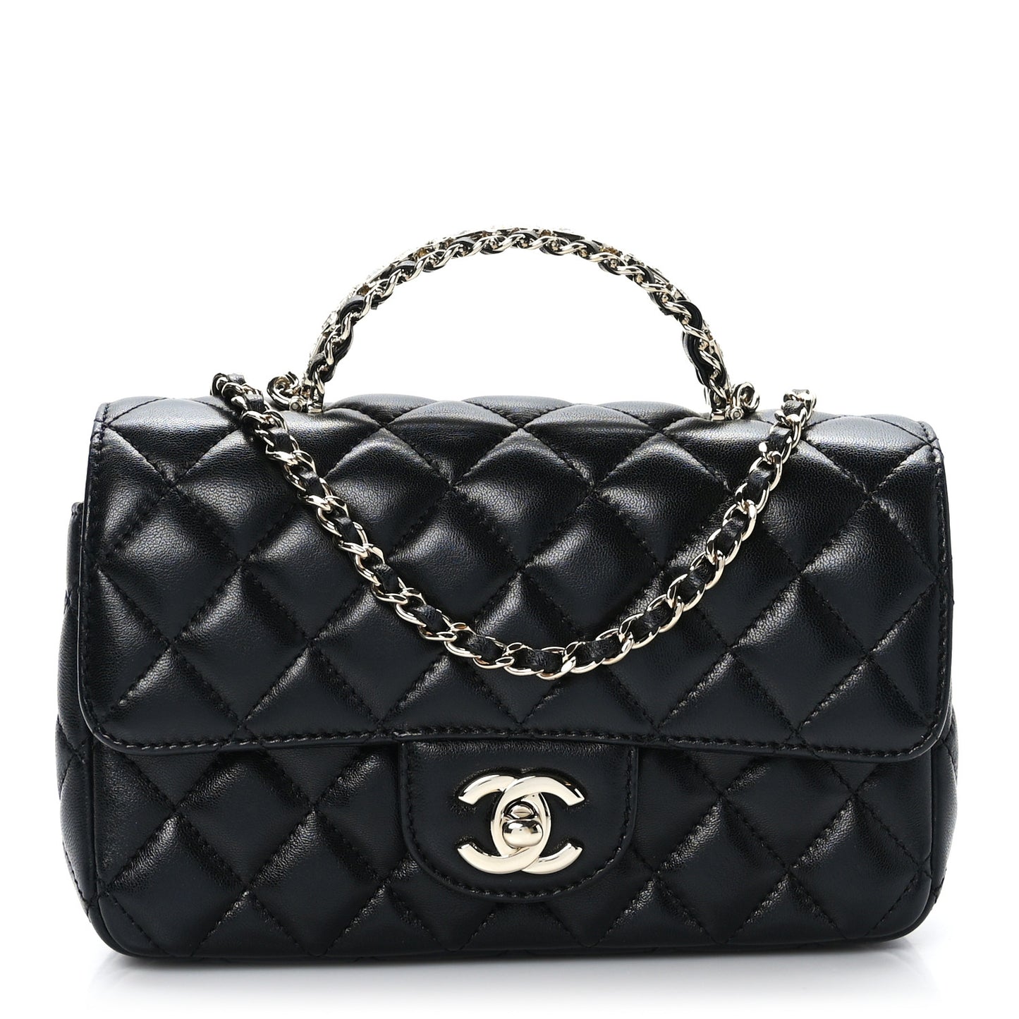 Lambskin Quilted Mini Crystal Top Handle Rectangular Flap Black