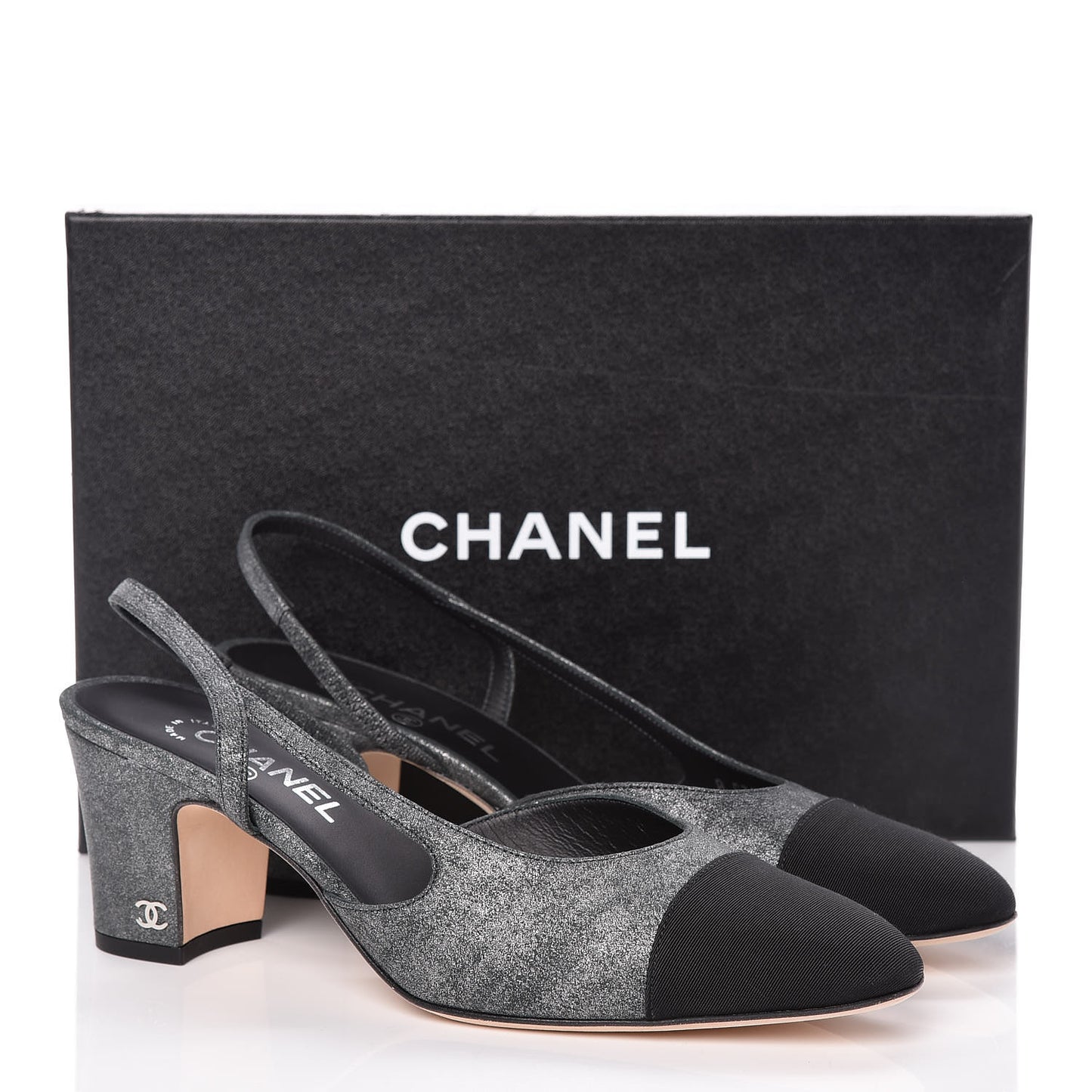 Metallic Lambskin Grosgrain Cap Toe CC Slingback Pumps 40.5 Silver Black