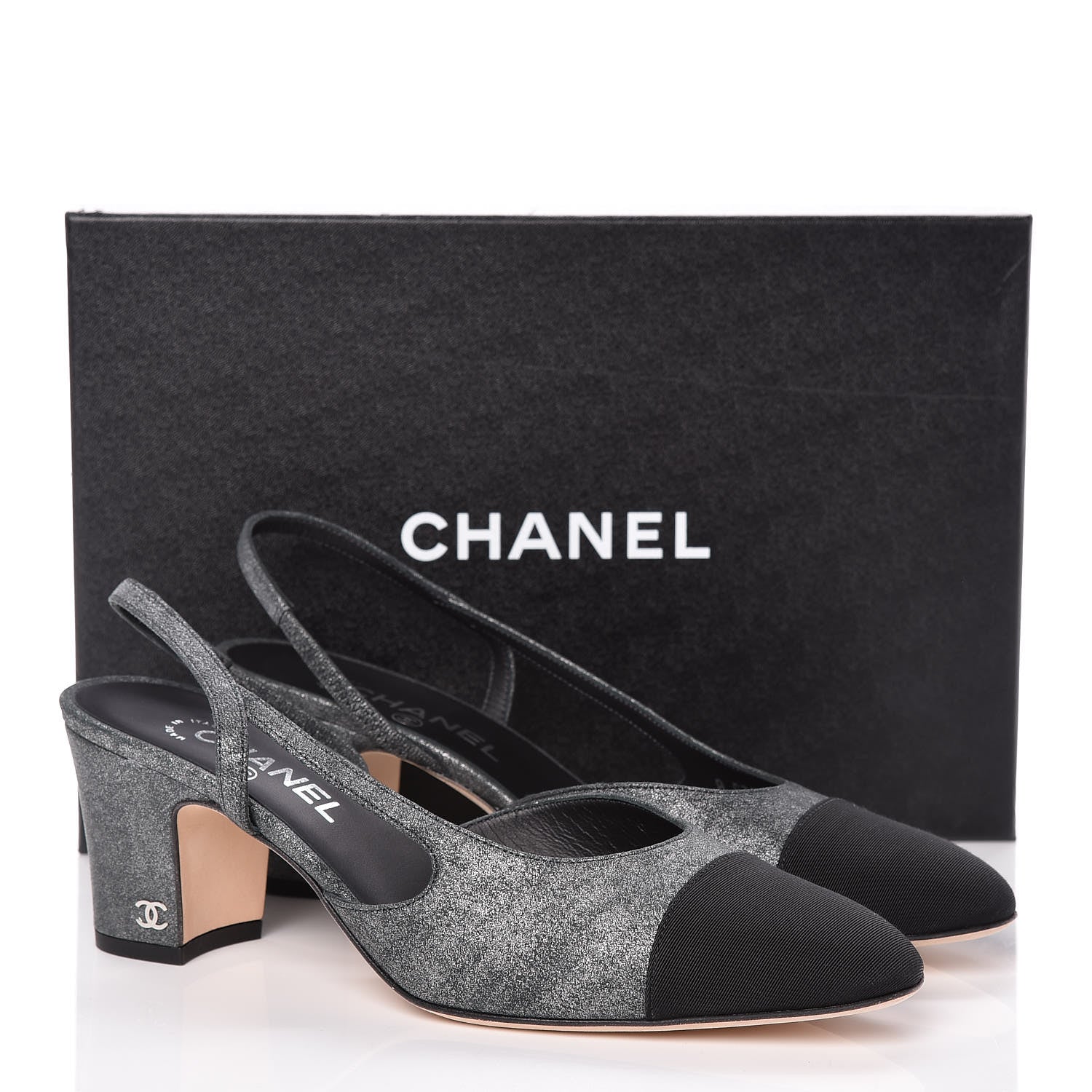 Chanel Metallic Lambskin Grosgrain Cap Toe CC Slingback Pumps 40.5 Silver Black 10 of 10
