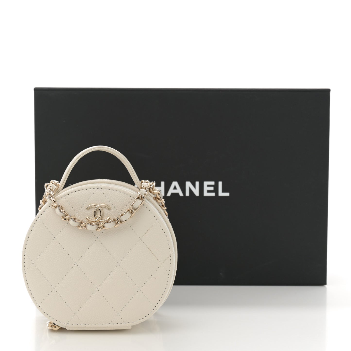 Caviar Quilted Round Handle With Care Vanity With Chain White
