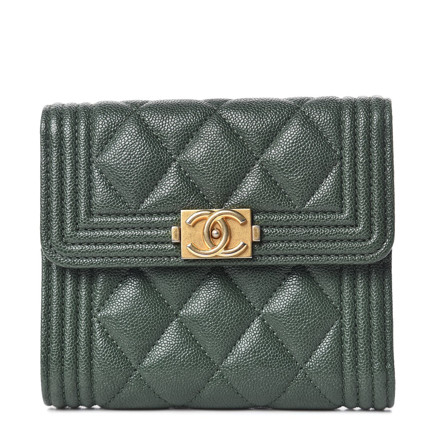 Chanel Caviar Quilted Compact Boy Wallet Green 1 of 10