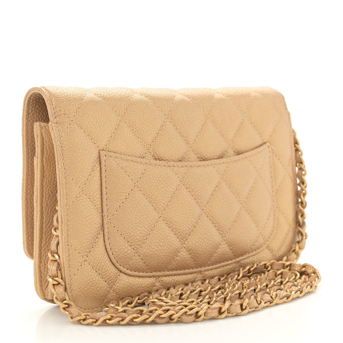 Pearly Caviar Quilted Wallet On Chain WOC Gold