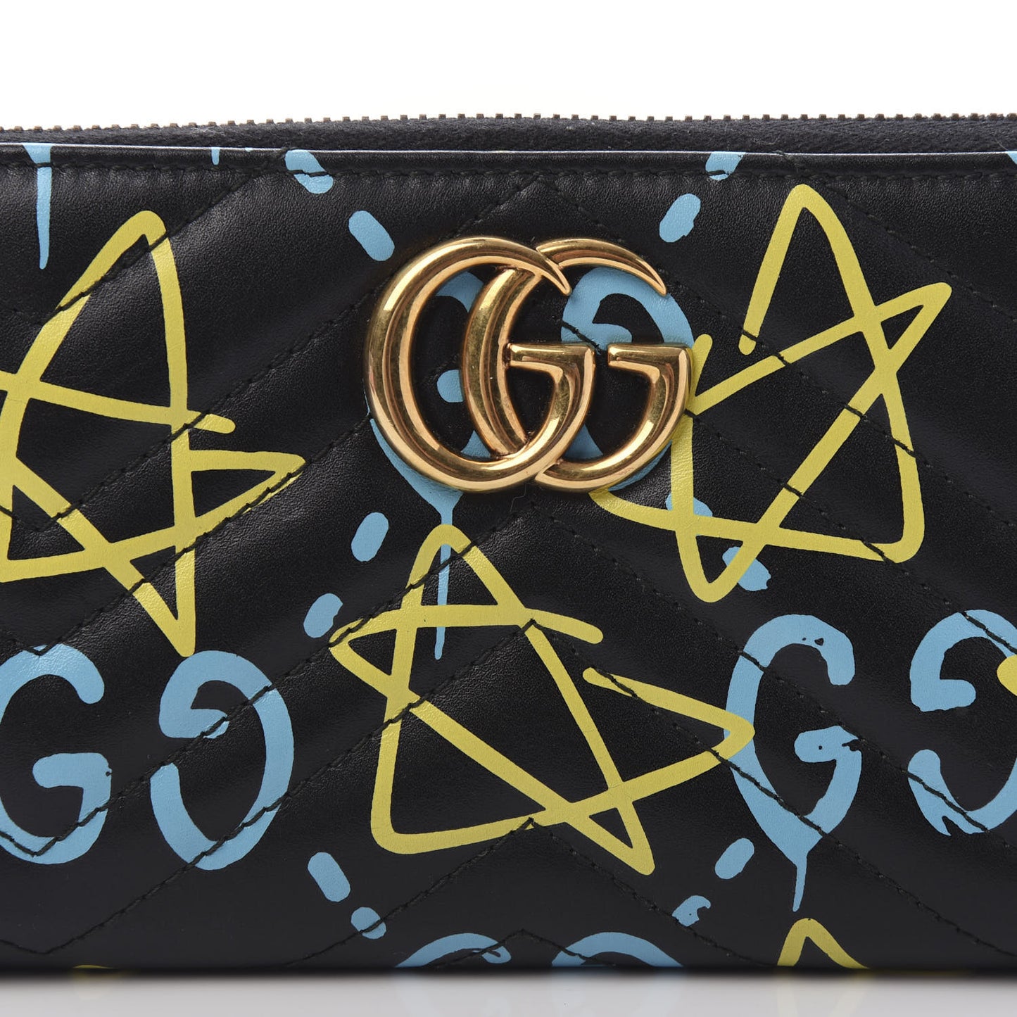Calfskin Matelasse GucciGhost GG Marmont Zip Around Wallet Black New Acquamarine