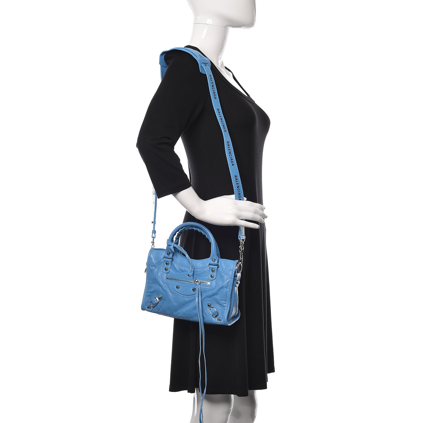 Agneau Classic Silver Hardware Mini City Logo Strap Bleu Turquoise Black