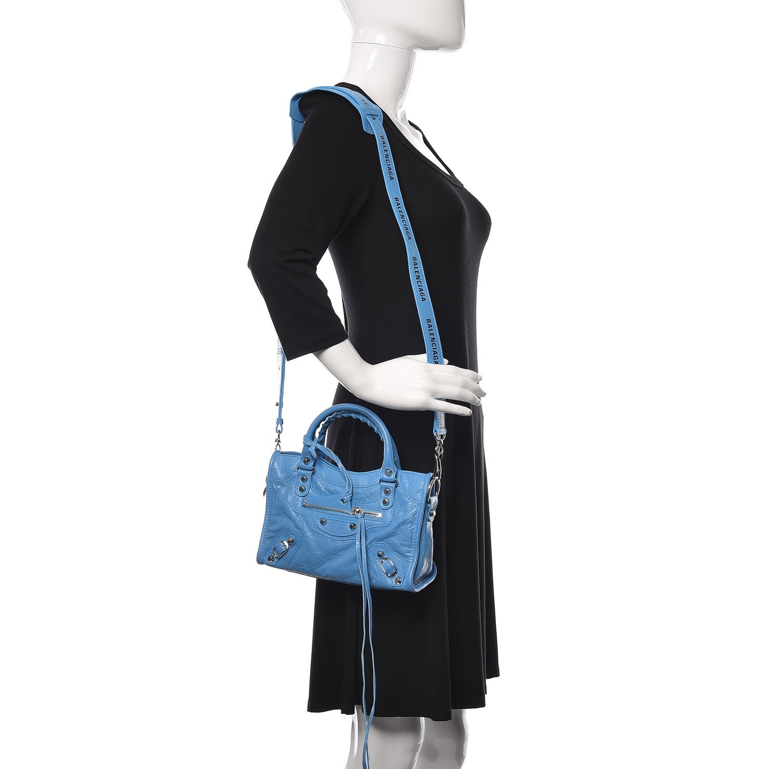 Balenciaga Agneau Classic Silver Hardware Mini City Logo Strap Bleu Turquoise Black 2 of 9
