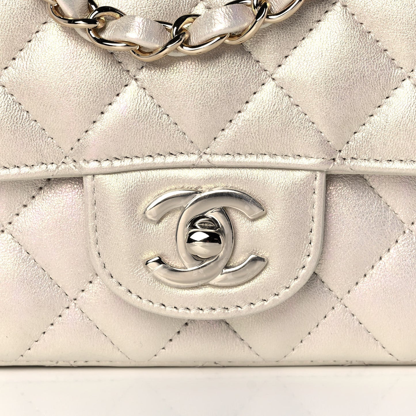 Iridescent Lambskin Quilted Mini Rectangular Flap Ivory