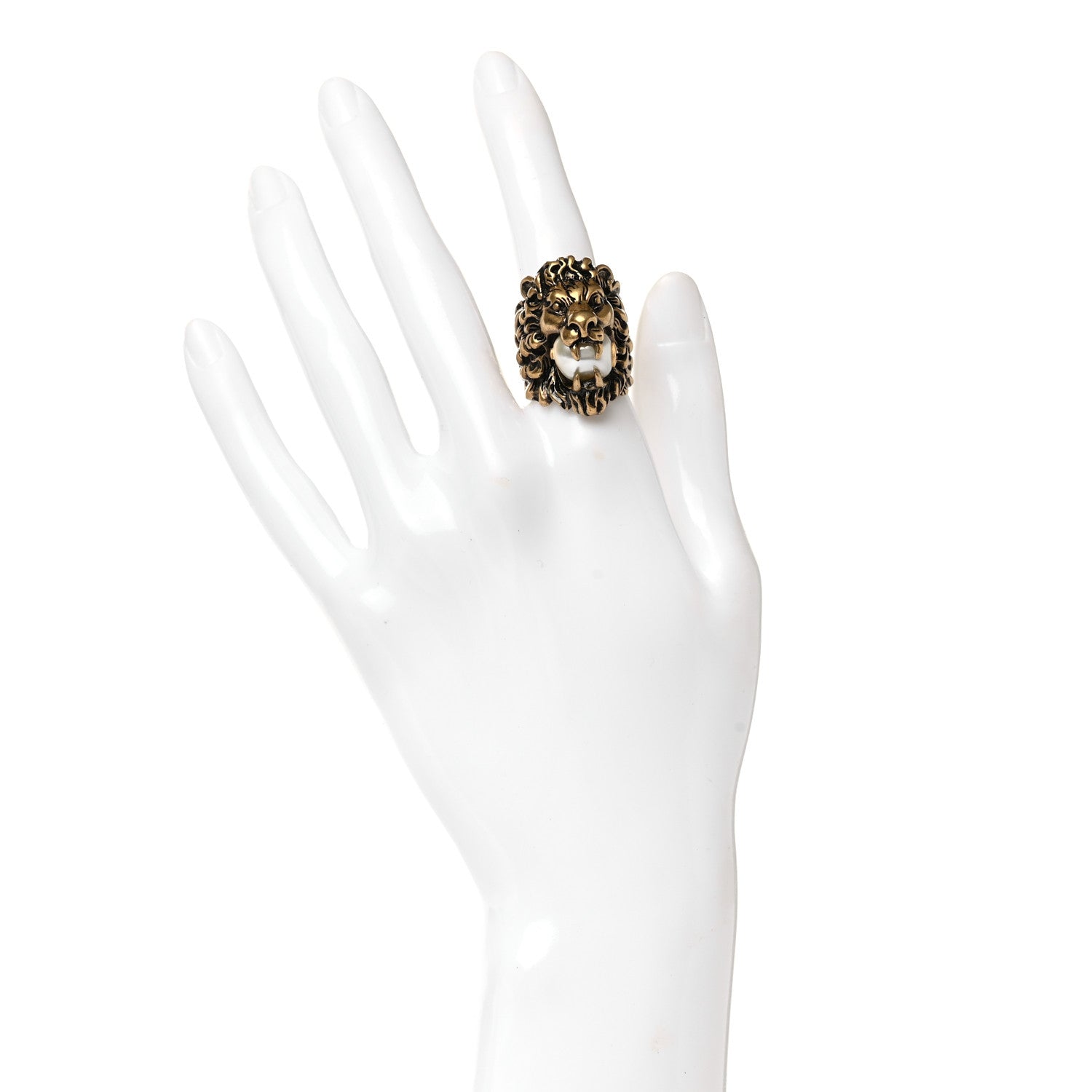 Gucci Metal Glass Pearl Lion Head Ring 6.25 Aged Gold 2 of 5