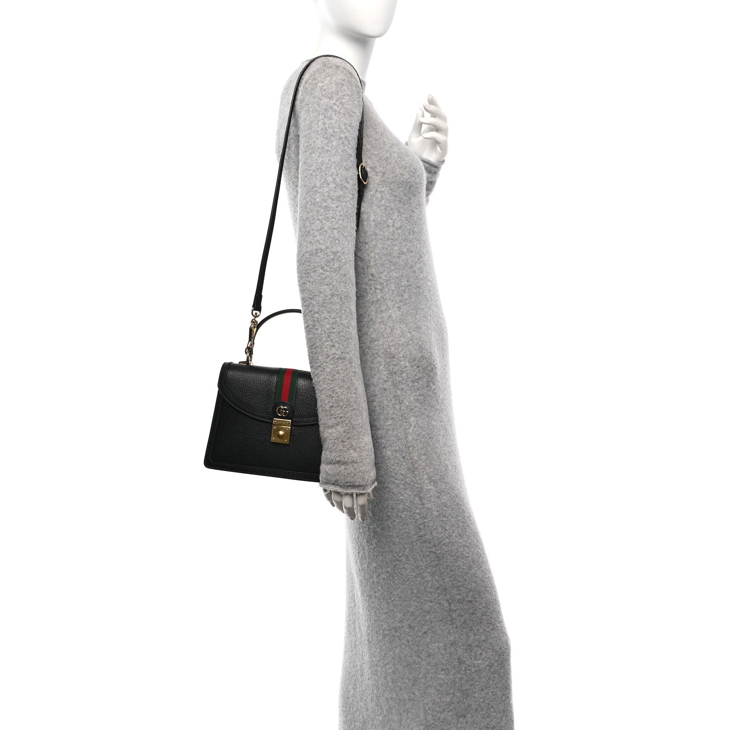 Gucci Textured Dollar Calfskin Web Small Ophidia Padlock Top Handle Bag Black 2 of 10