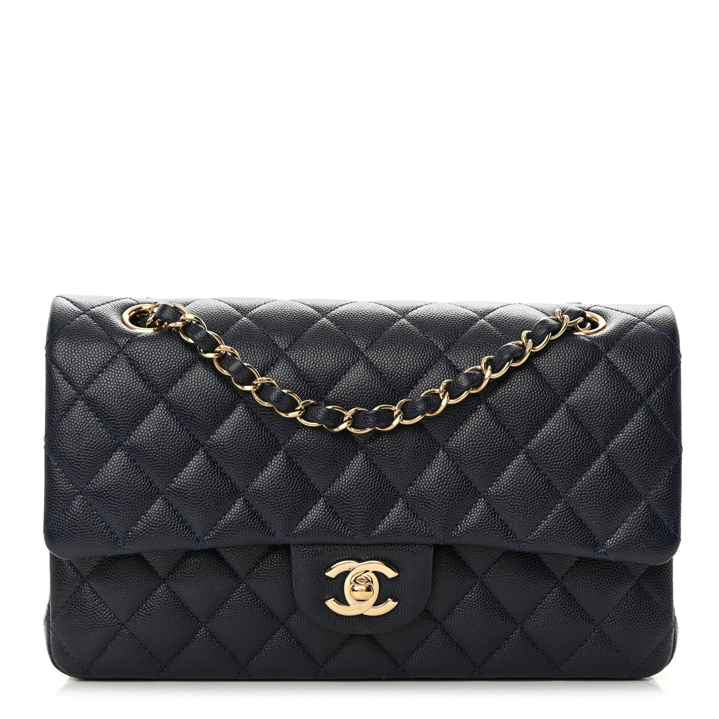 Caviar Quilted Medium Double Flap Dark Blue