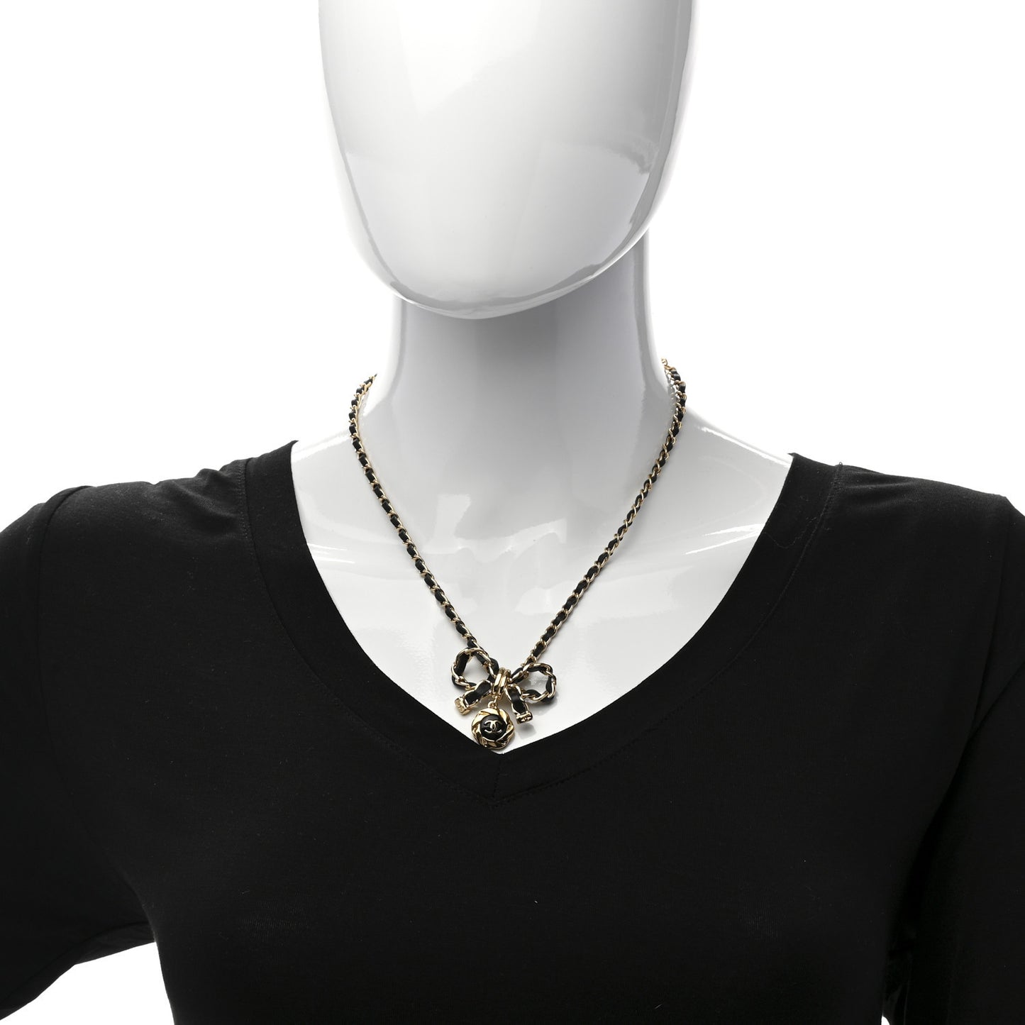 Metal Lambskin Chain CC Bow Necklace Black Gold