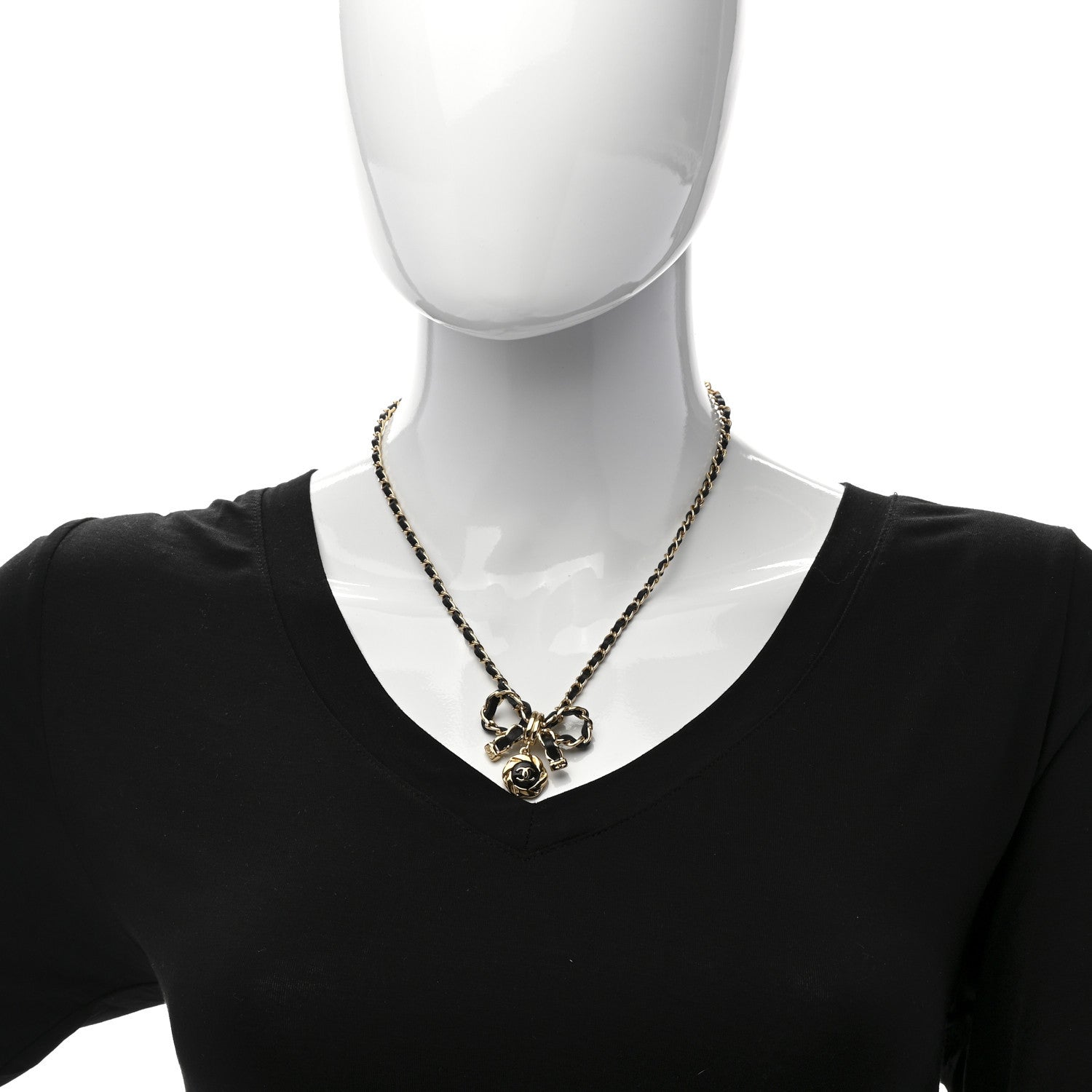 Chanel Metal Lambskin Chain CC Bow Necklace Black Gold 2 of 5