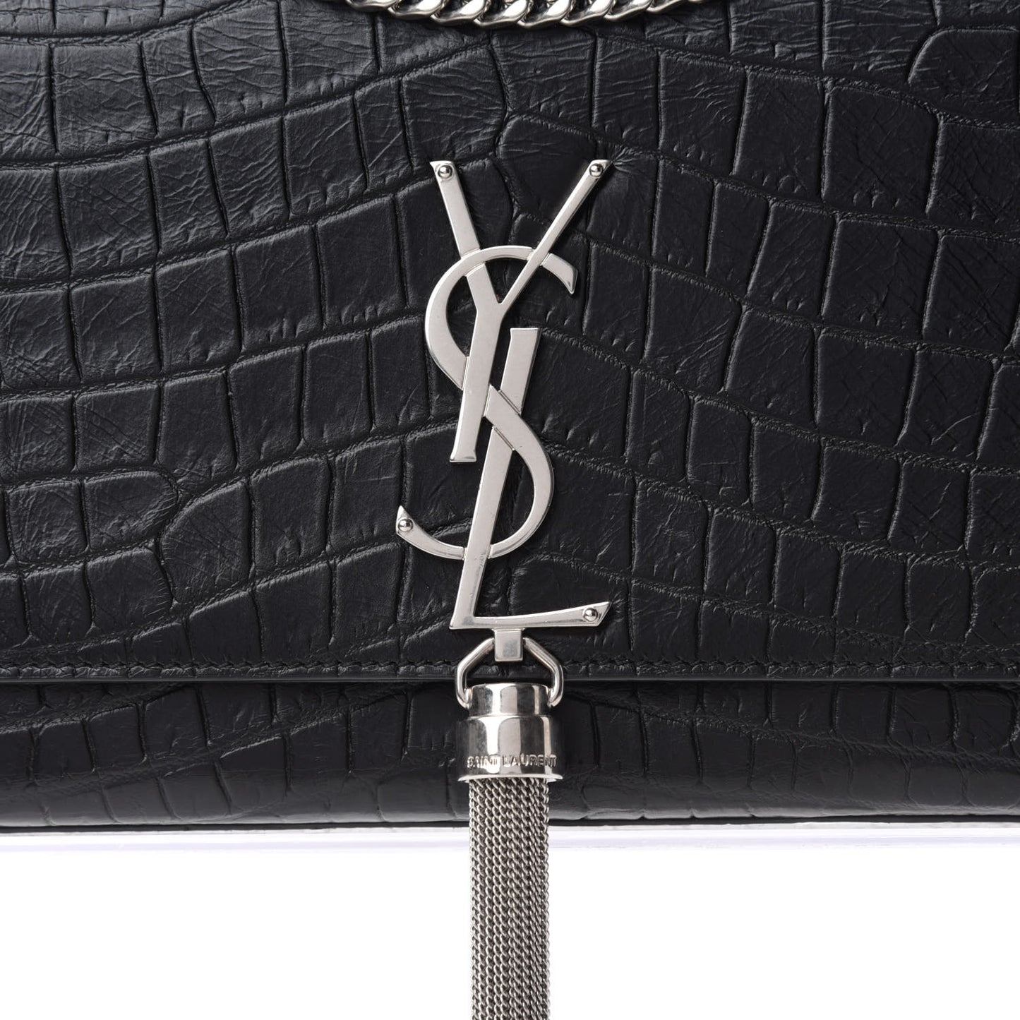 Calfskin Crocodile Embossed Medium Classic Monogram Kate Tassel Satchel Black