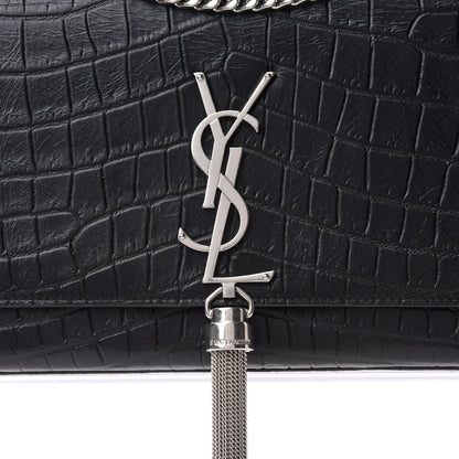 Saint Laurent Calfskin Crocodile Embossed Medium Classic Monogram Kate Tassel Satchel Black 10 of 10