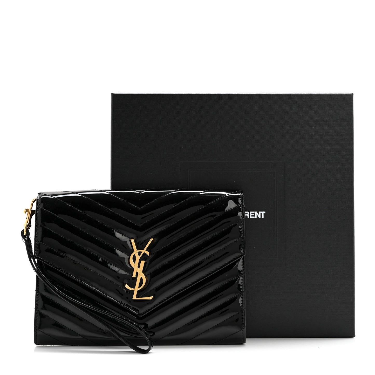 Patent Matelasse Chevron Monogram Envelope Clutch Black