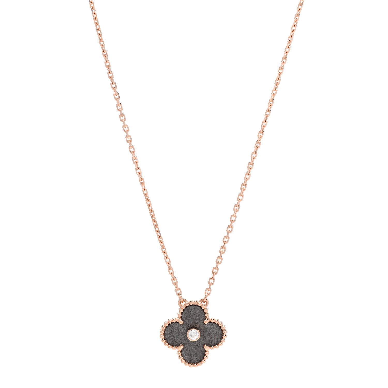 Van Cleef & Arpels 18K Rose Gold Diamond Silver Obsidian Vintage Alhambra Pendant Necklace 1 of 5