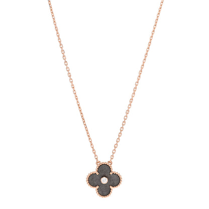 Van Cleef & Arpels 18K Rose Gold Diamond Silver Obsidian Vintage Alhambra Pendant Necklace 1 of 5