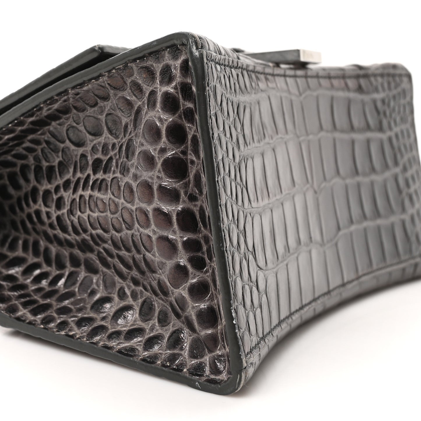Shiny Calfskin Crocodile Embossed Small Hourglass Top Handle Bag Dark Grey