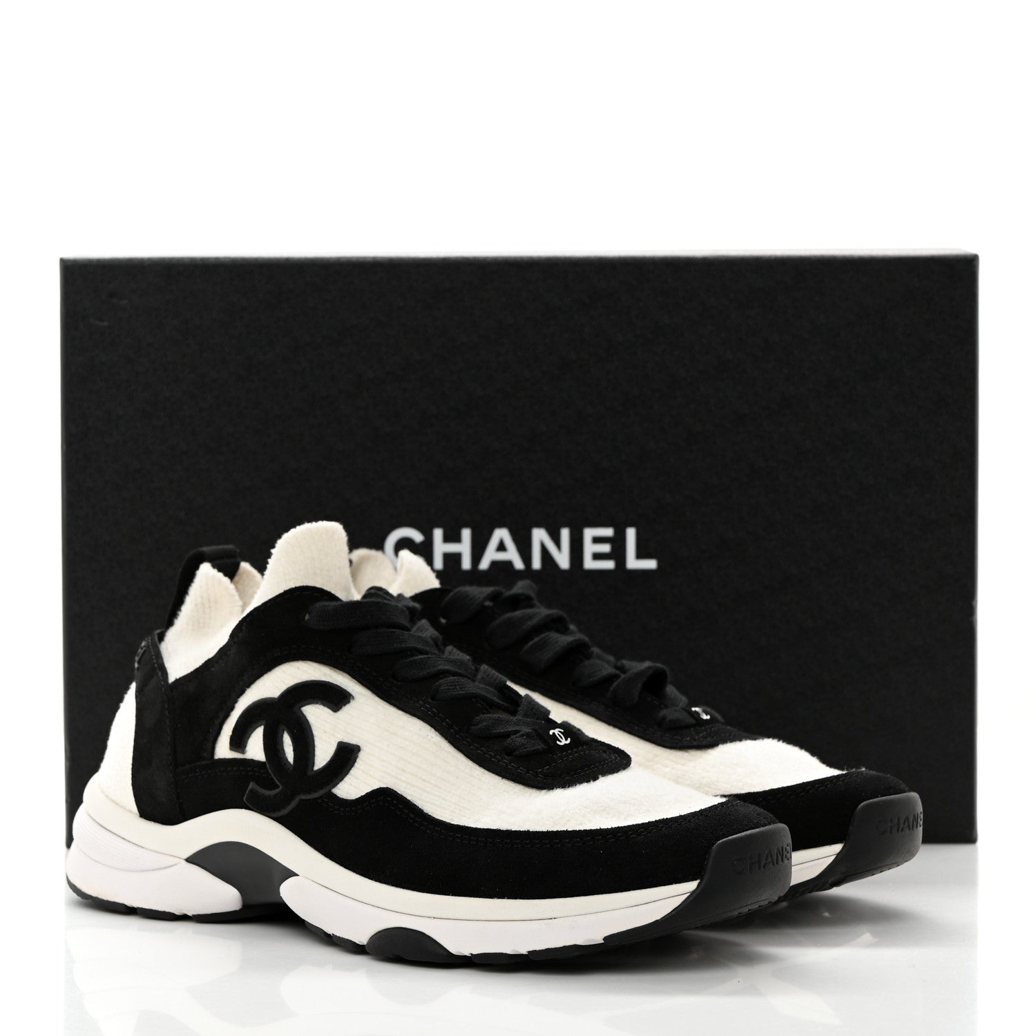 Chanel Fabric Suede Calfskin CC Sneakers 38.5 White Black 9 of 9