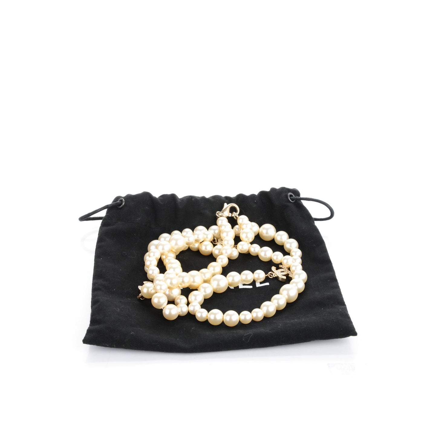 Graduated Pearl Crystal CC Long Necklace Gold