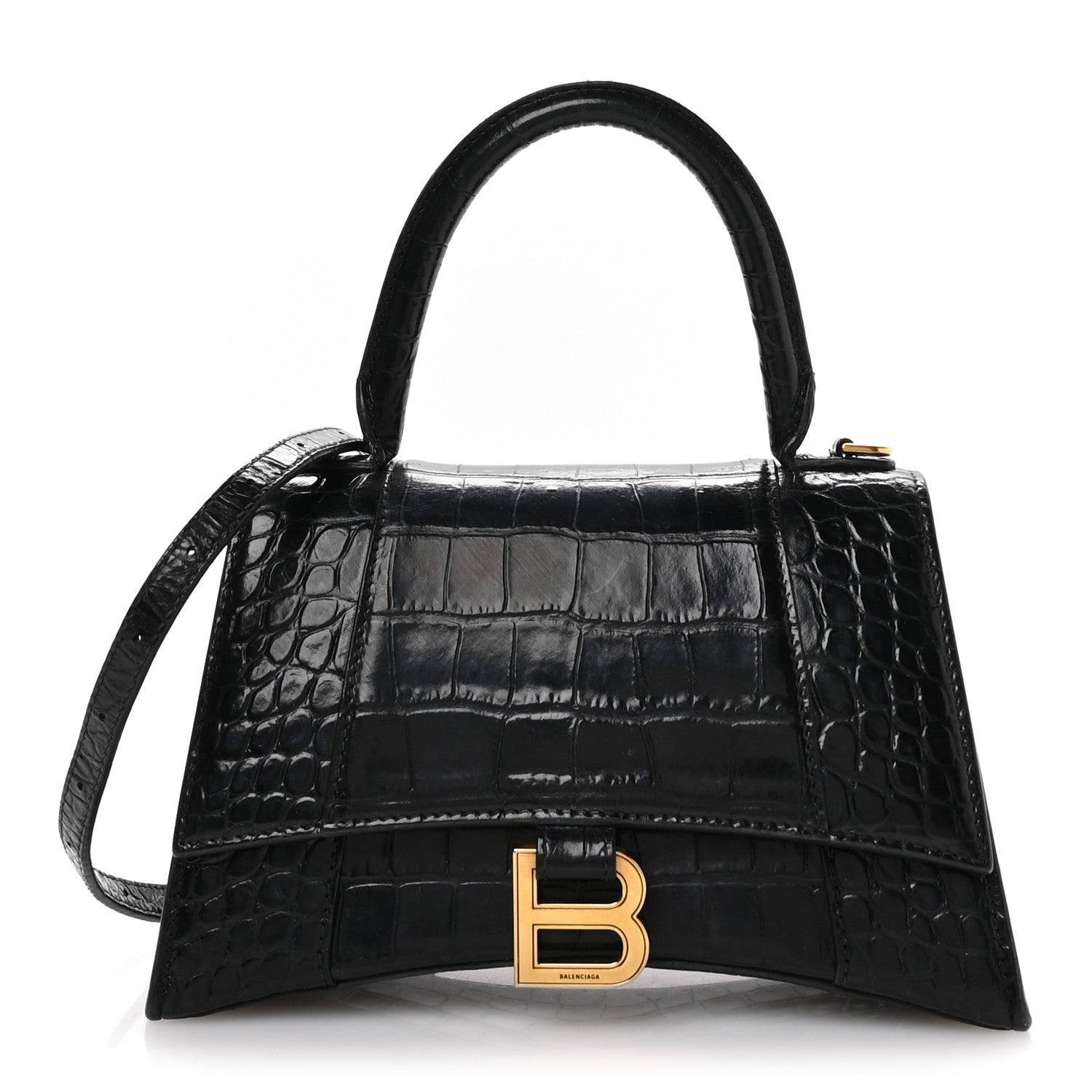 Balenciaga Shiny Calfskin Crocodile Embossed Small Hourglass Top Handle Bag Black 1 of 12
