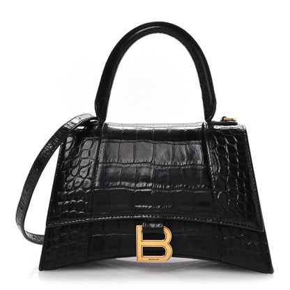 Balenciaga Shiny Calfskin Crocodile Embossed Small Hourglass Top Handle Bag Black 1 of 12