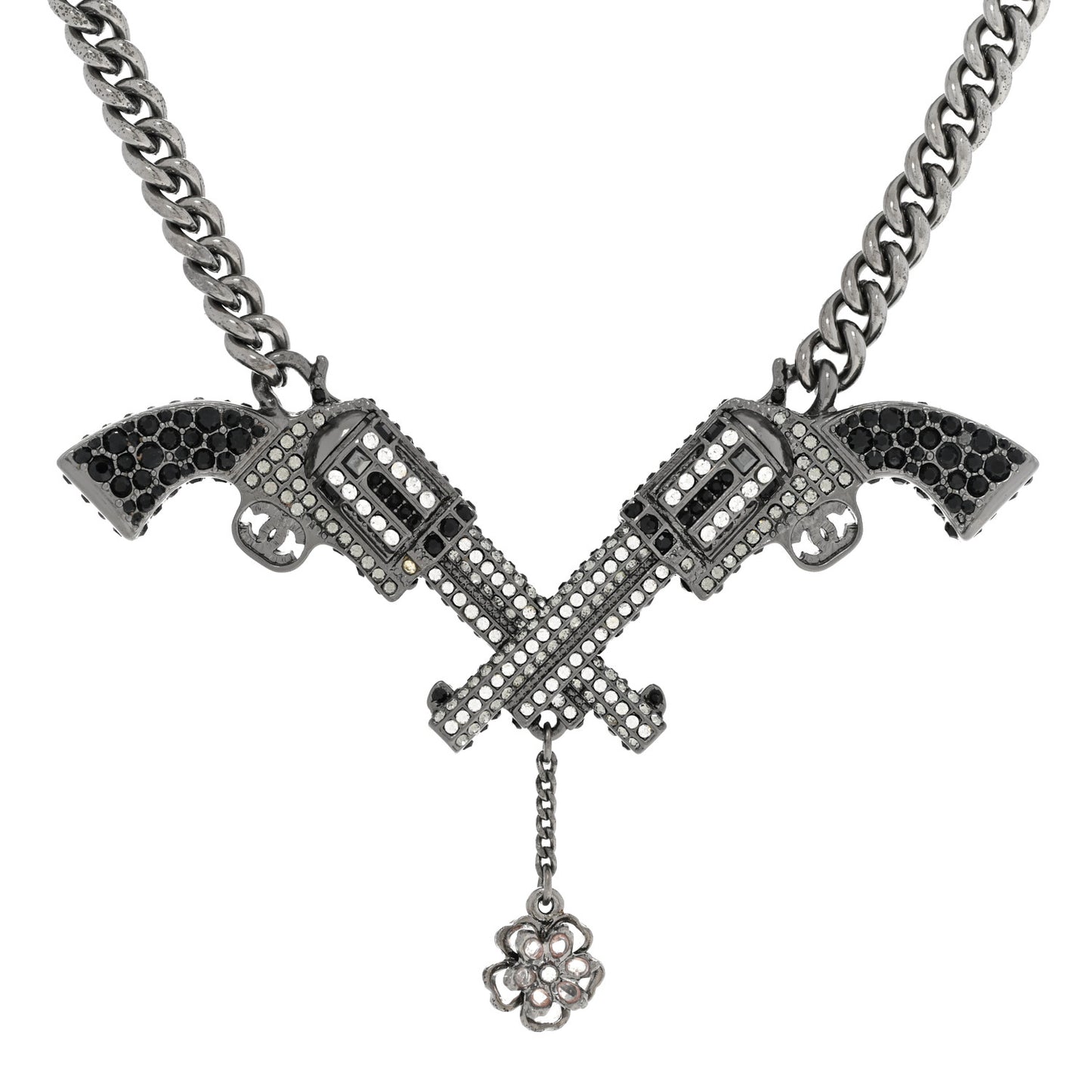 Baguette Crystal Ruthenium CC Paris Dallas Double Gun Drop Necklace