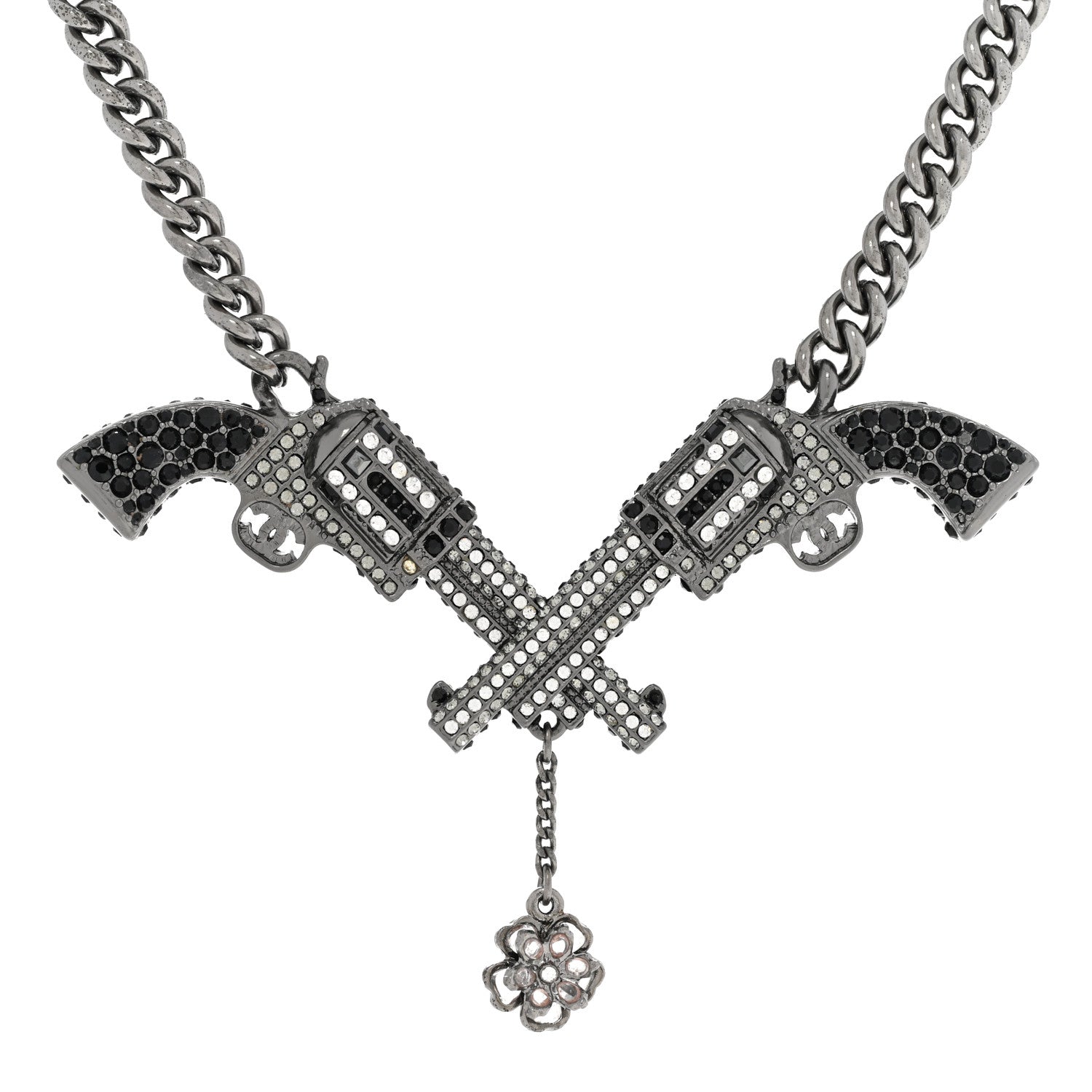 Chanel Baguette Crystal Ruthenium CC Paris Dallas Double Gun Drop Necklace 4 of 9
