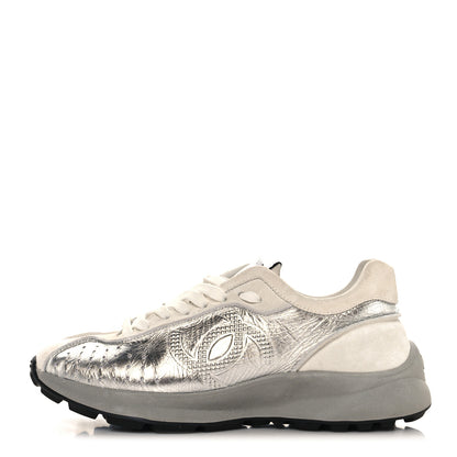 Chanel Laminated Calfskin Suede CC Sneakers 39.5 Silver Light Grey 1 of 9
