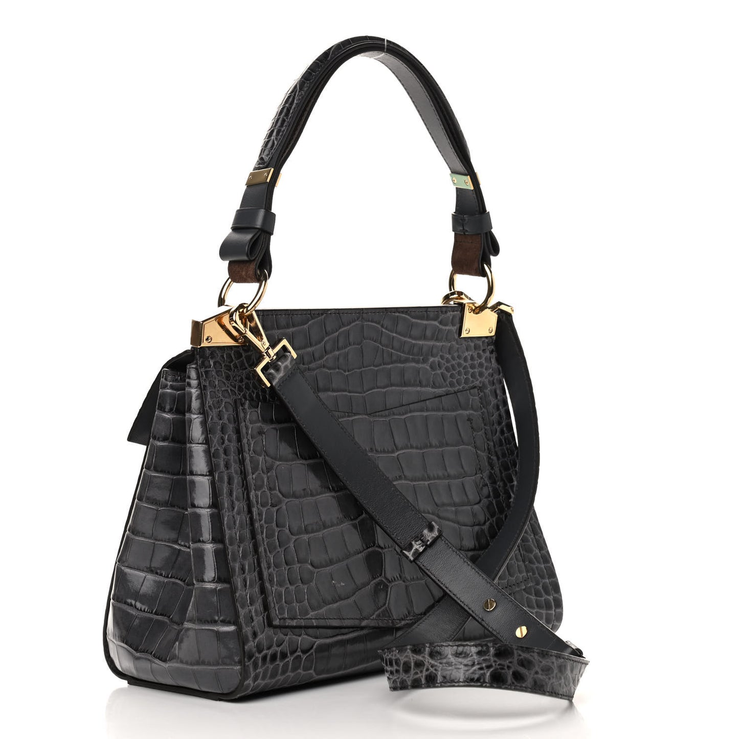 Calfskin Crocodile Embossed Small Mystic Shoulder Bag Storm Grey