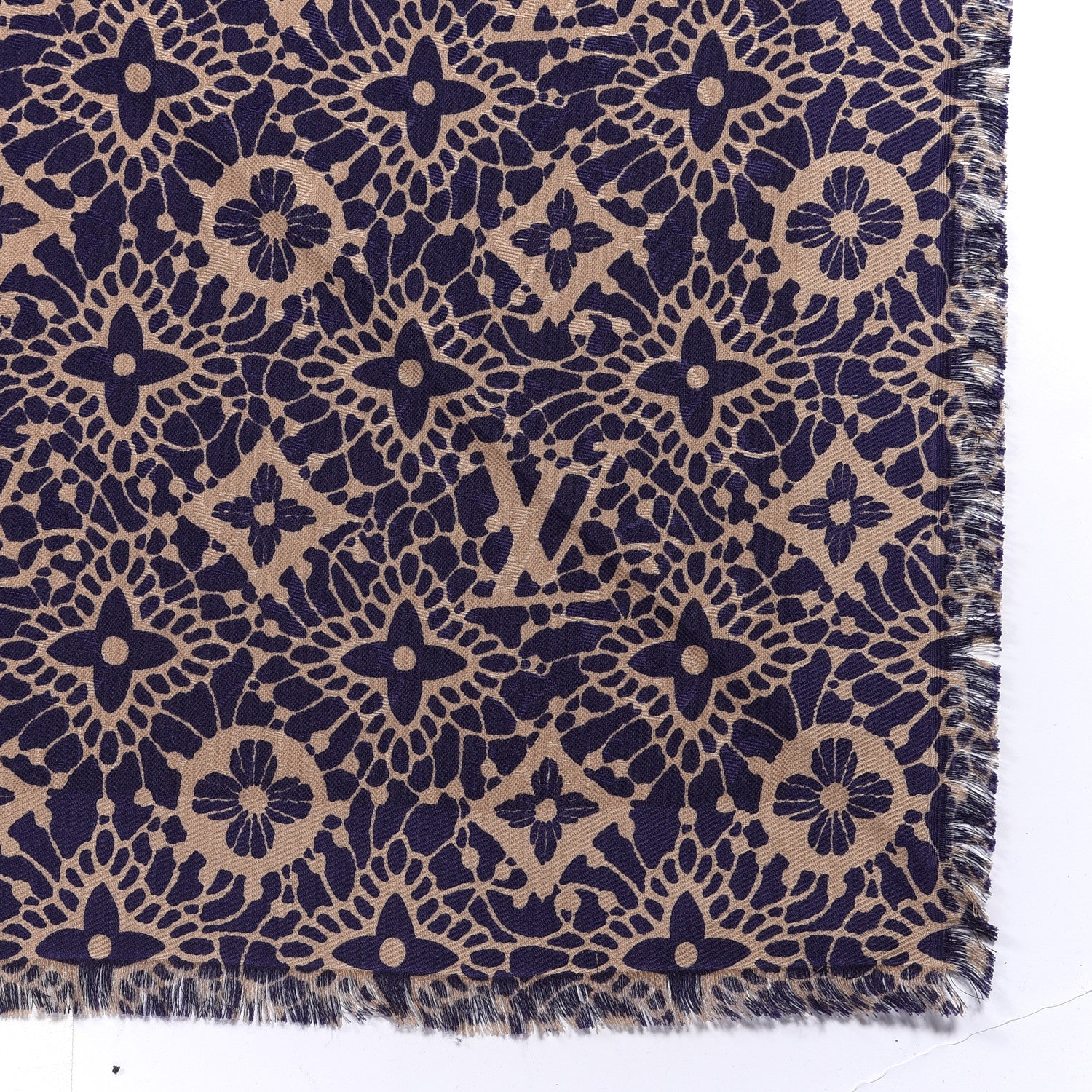 Louis Vuitton Silk Wool Monogram Dentelle Shawl Scarf Purple Beige 2 of 4