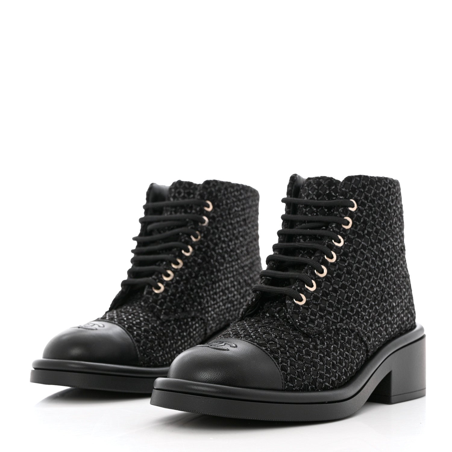 Chanel Tweed Lambskin Lace Up Combat Boots 38.5 Black Silver 3 of 9