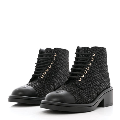 Chanel Tweed Lambskin Lace Up Combat Boots 38.5 Black Silver 3 of 9