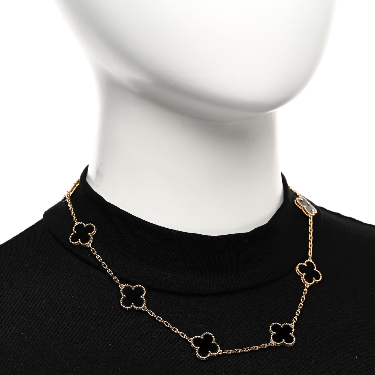 18K Yellow Gold Black Onyx 10 Motifs Vintage Alhambra Necklace