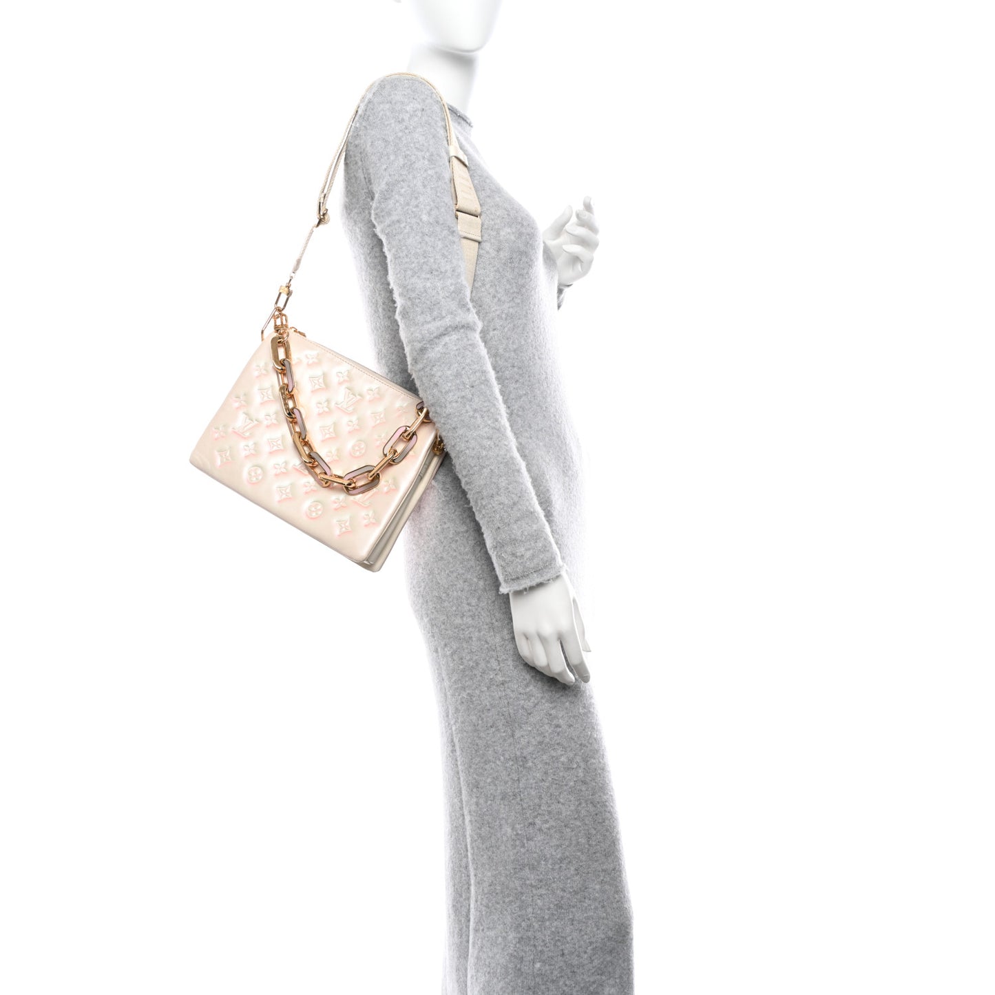 Pearlescent Lambskin Embossed Monogram Coussin PM Beige Rose