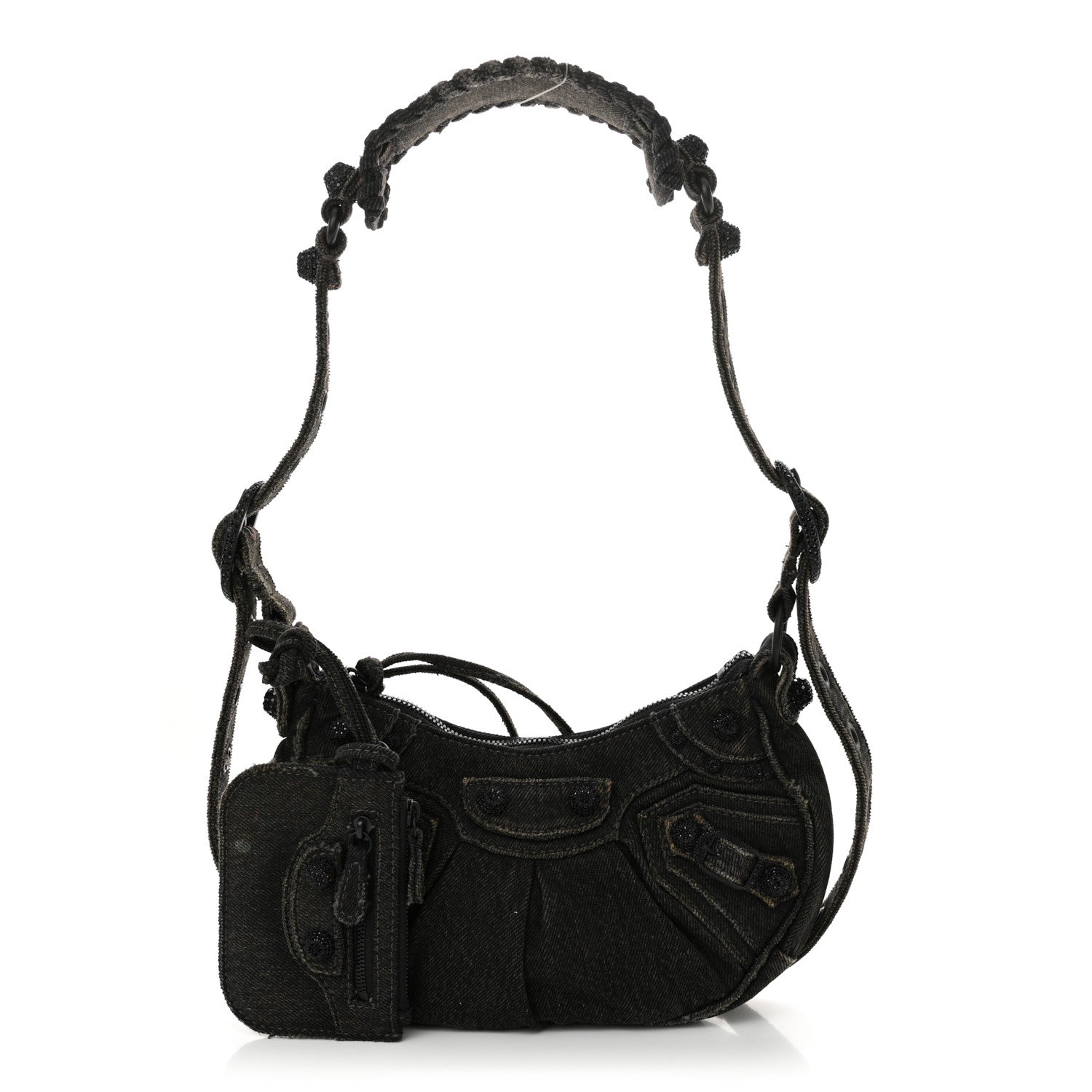 Balenciaga Washed Frayed Denim Crystal Le Cagole Shoulder Bag XS Black 3 of 17